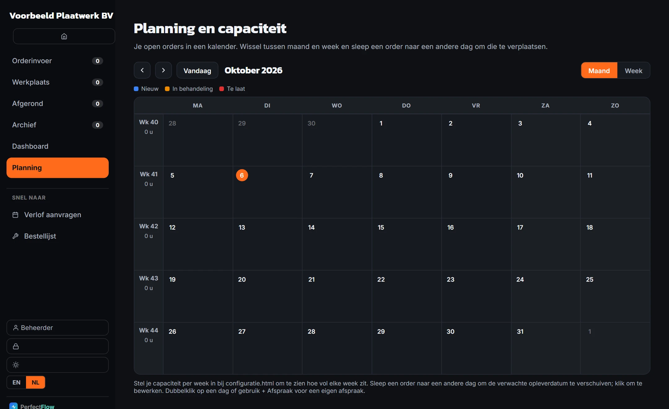 De planningskalender van PerfectFlow met openstaande orders per dag