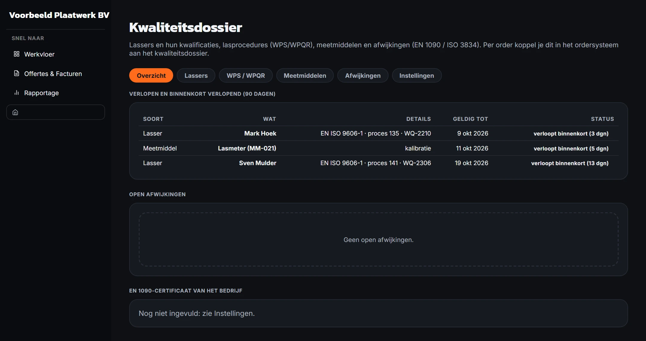 Het kwaliteitsdossier met kwalificaties en kalibraties die binnenkort verlopen