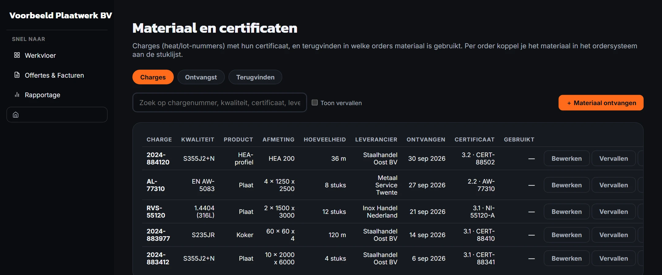 Het chargeregister met chargenummers, kwaliteit en certificaattype
