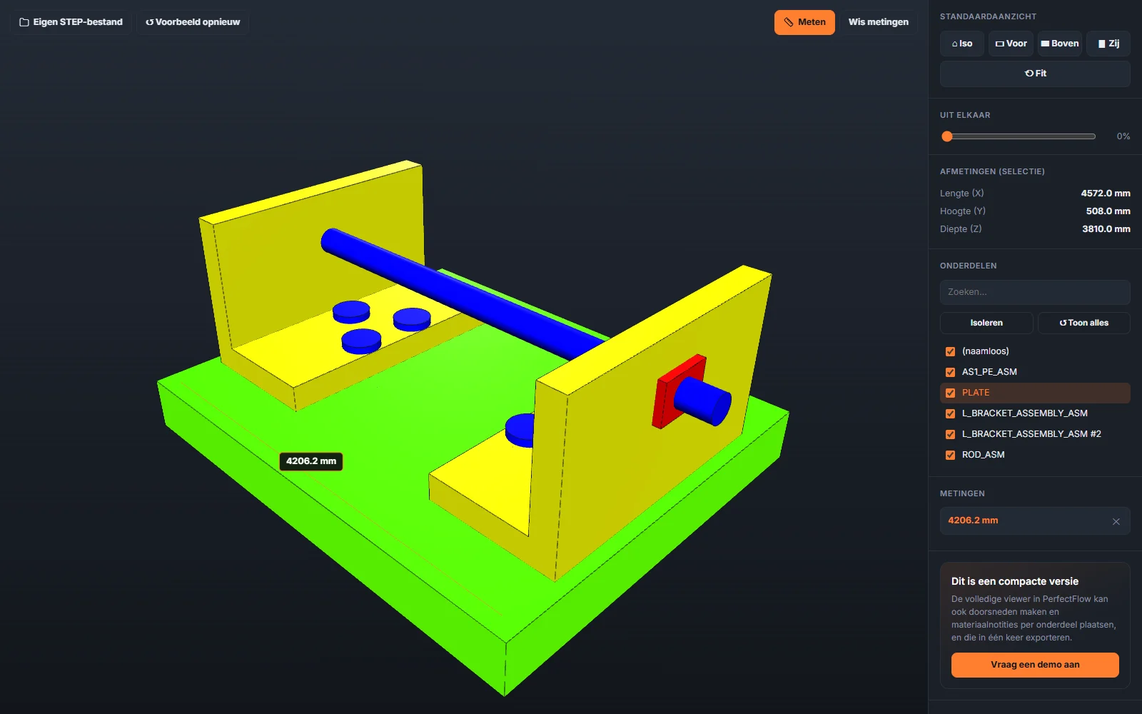 De 3D-STEP-viewer met een voorbeeldassemblage, onderdelenlijst en een meting